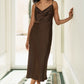 Yumi Brown Satin Cowl Neck Midi Slip Dress