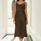 Yumi Brown Satin Cowl Neck Midi Slip Dress