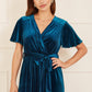 Yumi Teal Wrap Over Midi Dress With Angel Sleeves and Split Hem