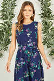 Yumi Navy Floral Print Midi Skater Dress