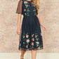 Yumi Navy Embroidered Sleeve Prom Skater Dress