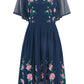 Yumi Navy Embroidered Sleeve Prom Skater Dress