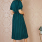 Yumi Green Satin Striped Midi Dress With Pleats and Matching Belt