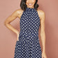 Yumi Navy Spot Print Halter Midi Dress With Matching Belt