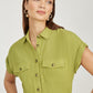 Yumi Green Viscose Linen Look Midi Shirt Dress With Wooden Belt