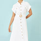 Yumi White Viscose Linen Look Midi Shirt Dress With Wooden Belt