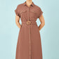 Yumi Brown Viscose Linen Look Midi Shirt Dress With Wooden Belt