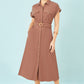 Yumi Brown Viscose Linen Look Midi Shirt Dress With Wooden Belt