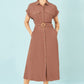 Yumi Brown Viscose Linen Look Midi Shirt Dress With Wooden Belt