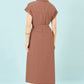 Yumi Brown Viscose Linen Look Midi Shirt Dress With Wooden Belt