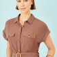 Yumi Brown Viscose Linen Look Midi Shirt Dress With Wooden Belt