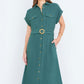 Yumi Green Viscose Linen Look Midi Shirt Dress With Wooden Belt