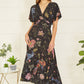 Yumi Black Viscose Bird and Floral Print Kimono Midi Dress