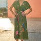 Yumi Green Bird and Floral Print Ruched Waist Kimono Midi Dress