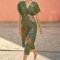 Yumi Green Bird and Floral Print Ruched Waist Kimono Midi Dress