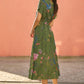 Yumi Green Bird and Floral Print Ruched Waist Kimono Midi Dress