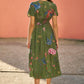 Yumi Green Bird and Floral Print Ruched Waist Kimono Midi Dress