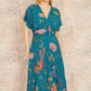 Yumi Teal Bird and Floral Print Ruched Waist Kimono Midi Dress