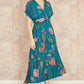 Yumi Teal Bird and Floral Print Ruched Waist Kimono Midi Dress