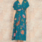 Yumi Teal Bird and Floral Print Ruched Waist Kimono Midi Dress