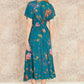 Yumi Teal Bird and Floral Print Ruched Waist Kimono Midi Dress