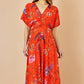 Yumi Orange Viscose Bird and Floral Print Kimono Midi Dress