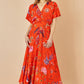 Yumi Orange Viscose Bird and Floral Print Kimono Midi Dress