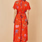 Yumi Orange Viscose Bird and Floral Print Kimono Midi Dress