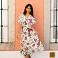 Yumi Ivory Bird and Floral Print Ruched Waist Kimono Midi Dress