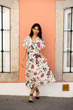 Yumi Ivory Bird and Floral Print Ruched Waist Kimono Midi Dress