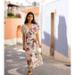 Yumi Ivory Bird and Floral Print Ruched Waist Kimono Midi Dress