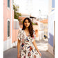 Yumi Ivory Bird and Floral Print Ruched Waist Kimono Midi Dress
