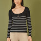 Yumi Black Stripe Rib Knitted Long Sleeve Top With Button Details