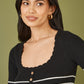 Yumi Black Stripe Rib Knitted Long Sleeve Top With Button Details