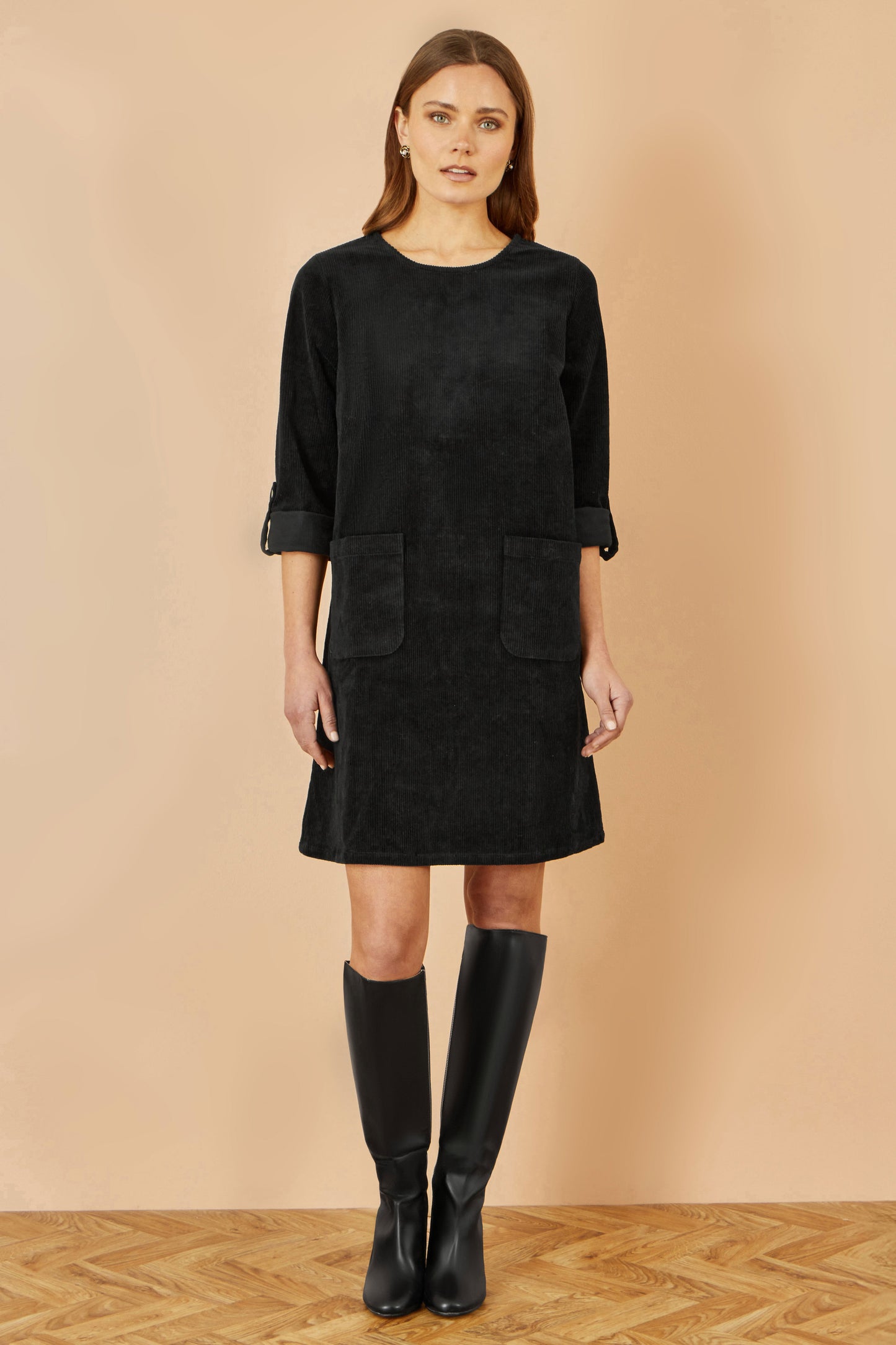Yumi Black Cord Tunic Dress With 3/4 Sleeves And Pockets