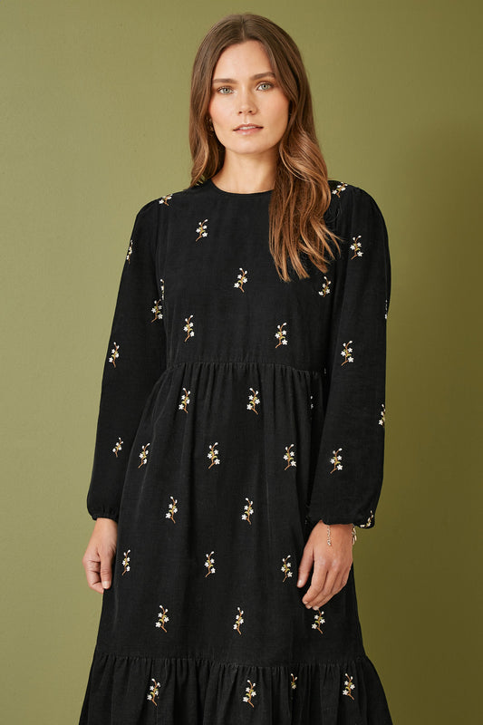 Yumi Black Long Sleeve Midi Dress With Floral Embroidery