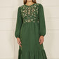 Yumi Green Long Sleeve Midi Dress With Floral Embroidery Bodice