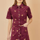 Yumi Burgundy Cord Shirt Dress With All Over Squirrel Embroidery