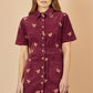 Yumi Burgundy Cord Shirt Dress With All Over Squirrel Embroidery