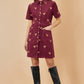 Yumi Burgundy Cord Shirt Dress With All Over Squirrel Embroidery