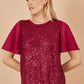 Yumi Burgundy Sequin Top With Sheer Sleeves And Cut Out Back