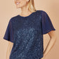 Yumi Navy Sequin Top With Sheer Sleeves And Cut Out Back