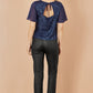 Yumi Navy Sequin Top With Sheer Sleeves And Cut Out Back