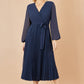 Yumi Navy Pleated Wrap Midi Dress With Sheer Long Sleeves