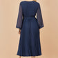 Yumi Navy Pleated Wrap Midi Dress With Sheer Long Sleeves