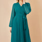 Yumi Teal Pleated Wrap Midi Dress With Sheer Long Sleeves