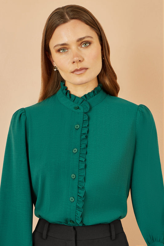 Yumi Green Frill High Neck Shirt