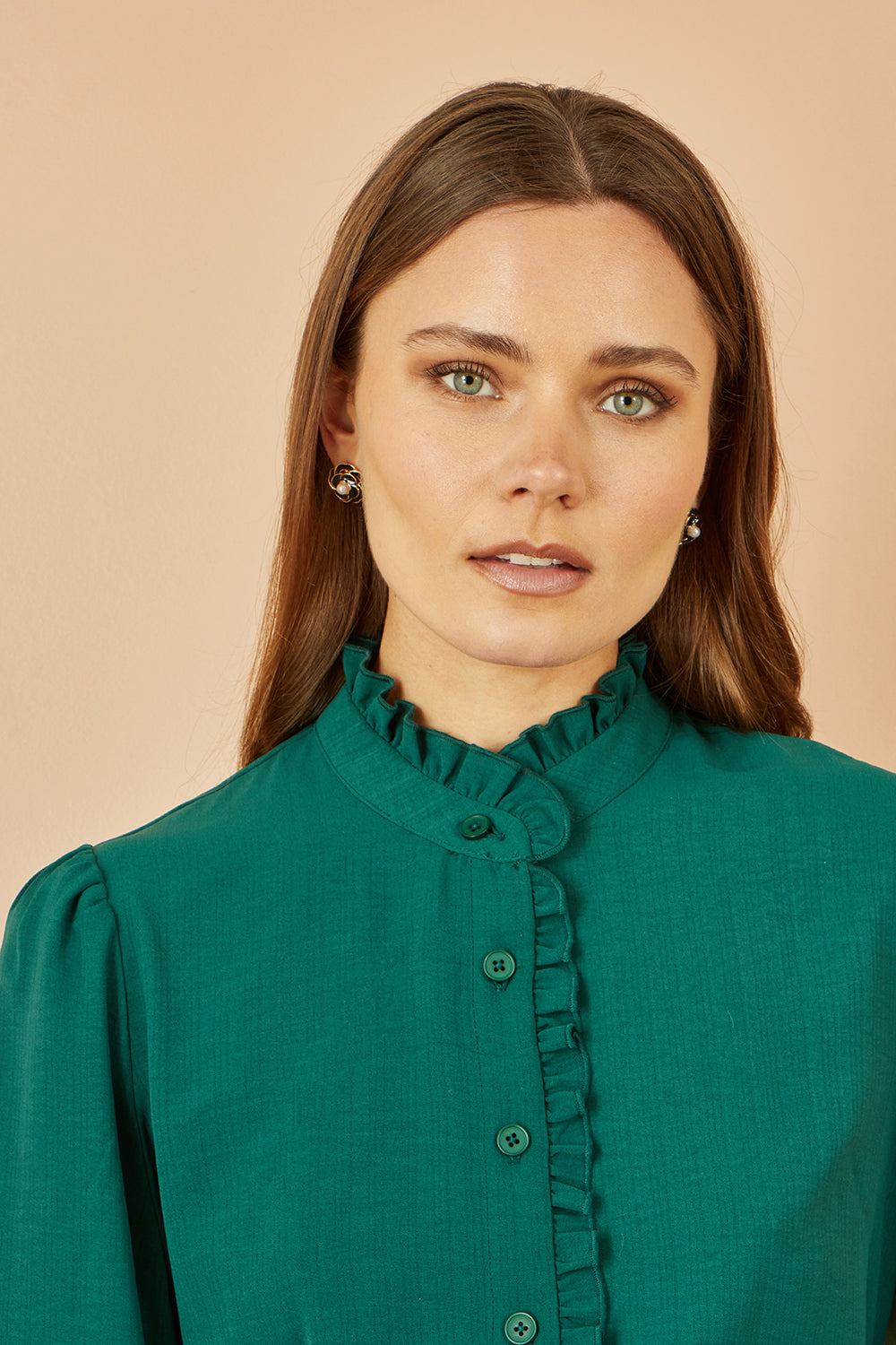 Yumi Green Frill High Neck Shirt