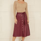 Yumi Burgundy Faux Leather A Line Midi Skirt With Button Up Details