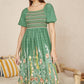 Yumi Green Ruched Leaf Print Maxi Dress With Puff Sleeves